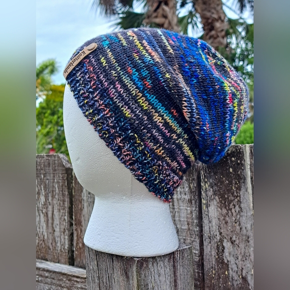 Hand Knit Beanie Hat Stocking Cap Premium Merino Wool Multicolor Black Navy Blue main image 6